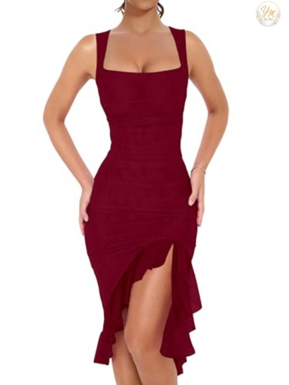 Ruched Bodycon Midi Dress Mesh Square Neck Club Party